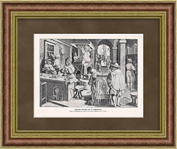 Механики-часовщики в мастерской 16 века. Старинная литография в раме
